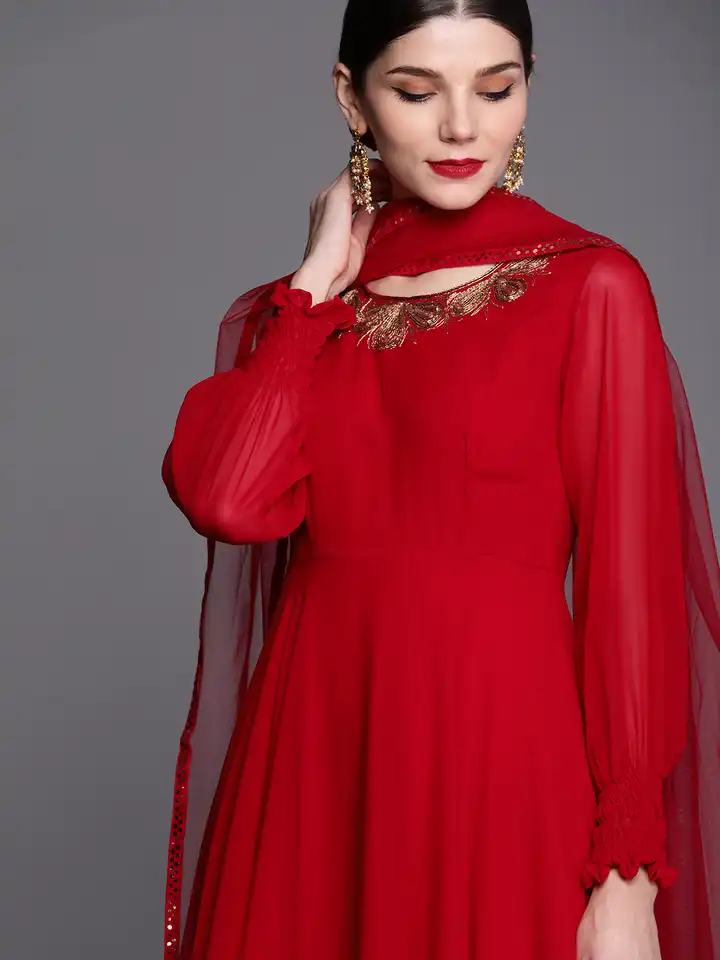Buy Inddus Women Red & Gold-Toned Embroidered Georgette Anarkali Kurta -  Kurtas for Women 15583320 | Myntra