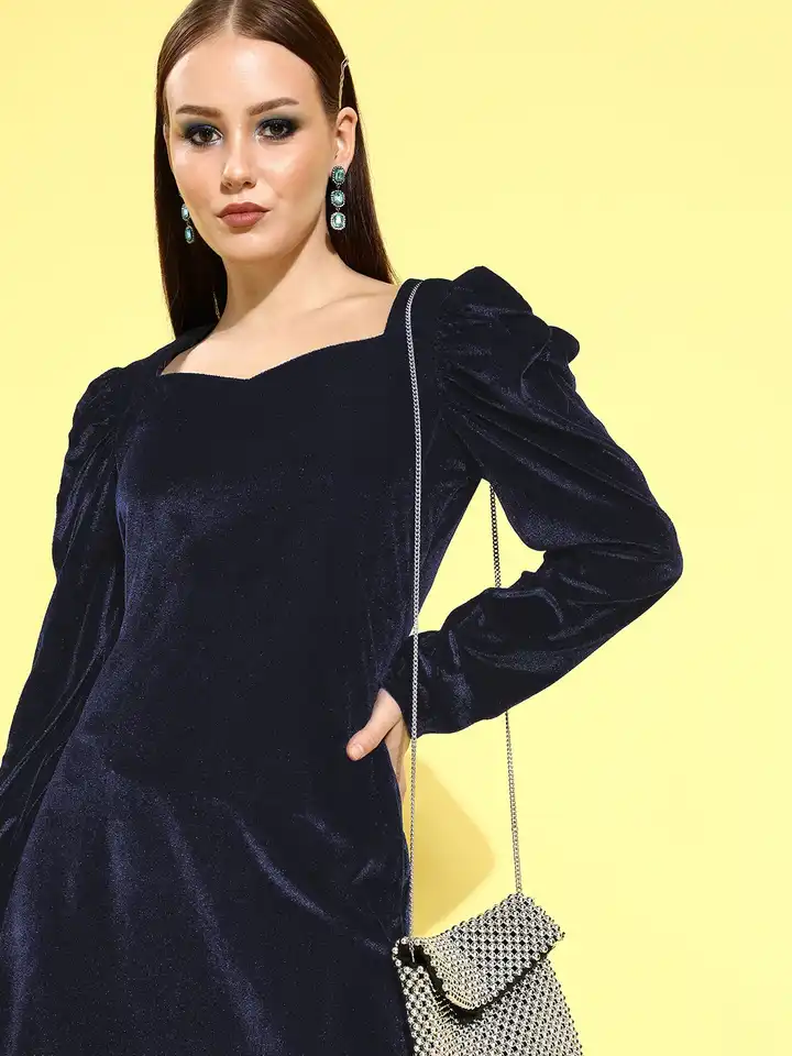 Buy Athena Navy Blue Velvet A-Line Mini Dress - Dresses for Women 15980630  | Myntra