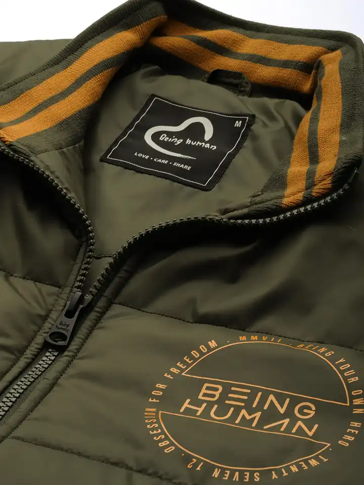 Buy Being Human Men Olive Green Padded Varsity Jacket with Printed