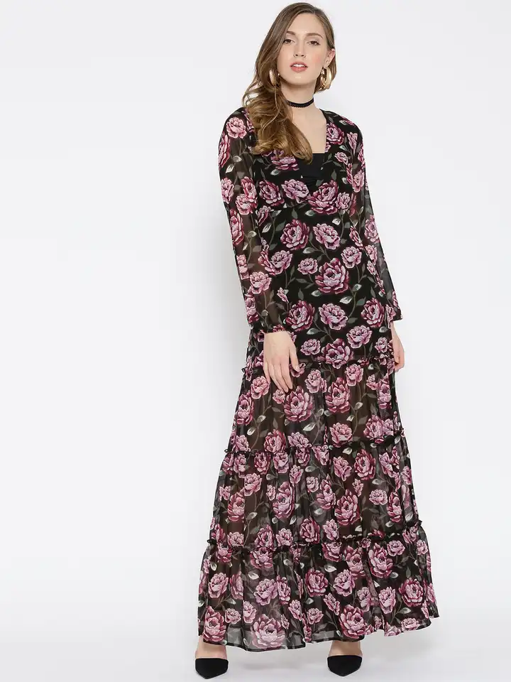 Buy FOREVER 21 Women Black & Lavender Printed Sheer Maxi Dress - Dresses  for Women 1647825 | Myntra