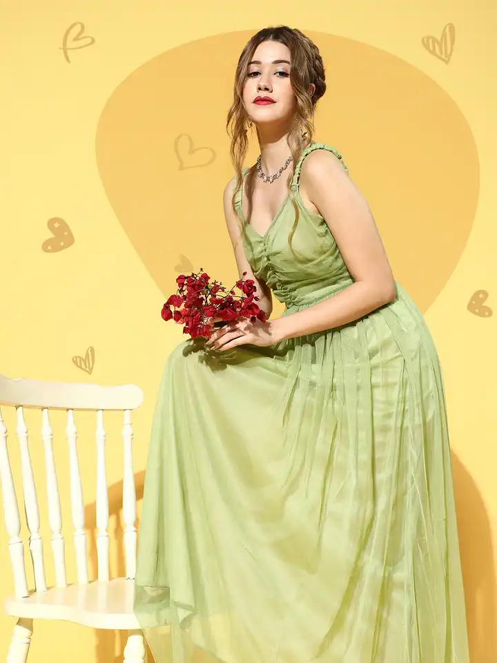 green emerald velvet dress Pastel Green Floral Embellished Work Georgette Long Dress With Dupatta main image 1