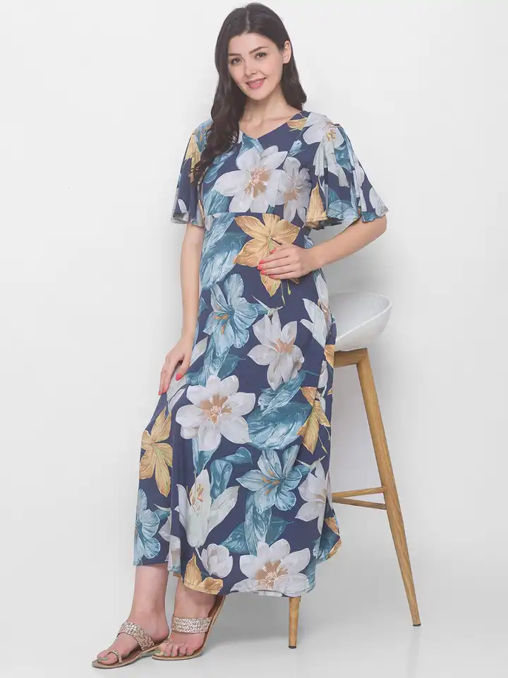 Buy AV2 Navy Blue Floral Maternity Midi Dress - Dresses for Women 16673238  | Myntra