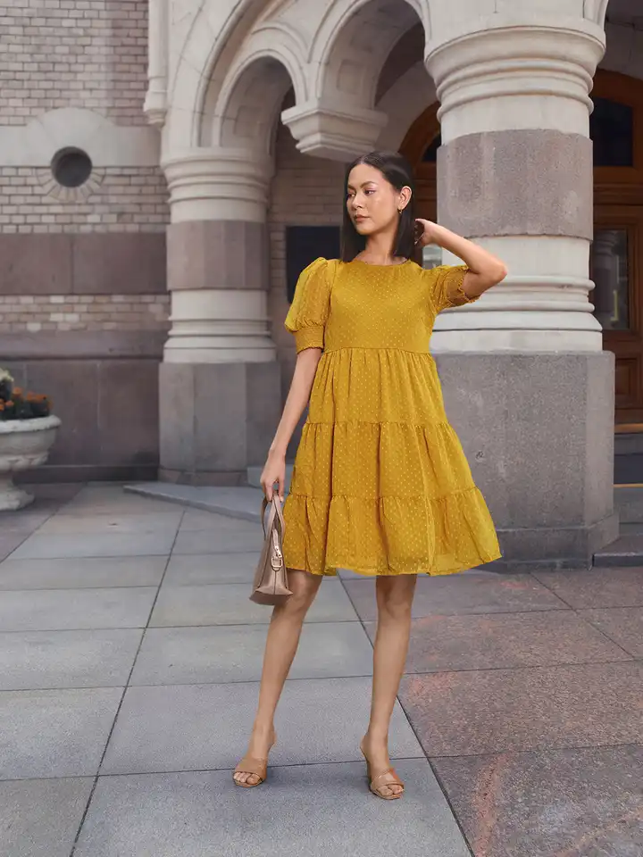 Buy all about you Mustard Yellow Self-Design Puff Sleeves Puff Sleeves A-Line  Dress - Dresses for Women 16931476 | Myntra