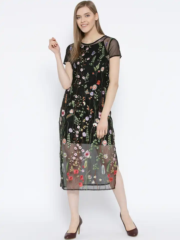 Buy Vero Moda Women Black Sheer Embroidered Midi Dress - Dresses for Women 1696850 | Myntra Buy Vero Moda Women Black Sheer Embroidered Midi Dress - Dresses for Women 1696850 | Myntra