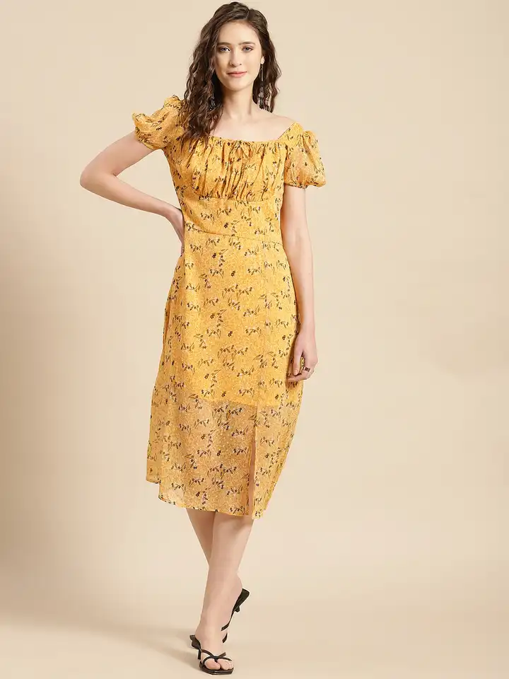 navy blue dress for baby girl a stylish elegant yellow a line midi dress delicate shoulder main image 0
