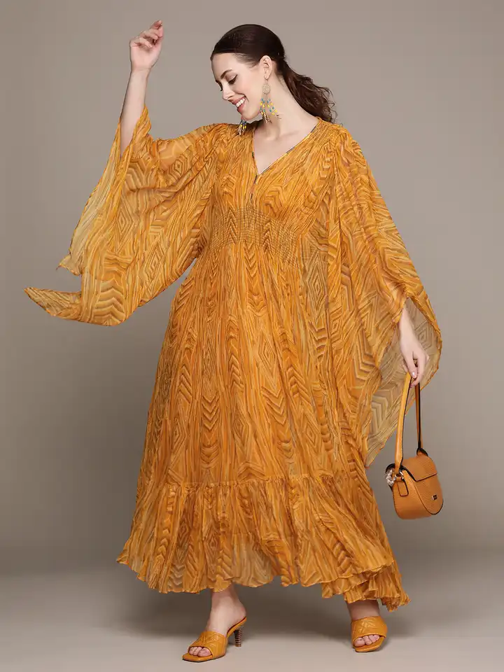 Buy Ritu Kumar Yellow Chiffon Kaftan Maxi Dress with Camisole - Ethnic  Dresses for Women 17001894 | Myntra
