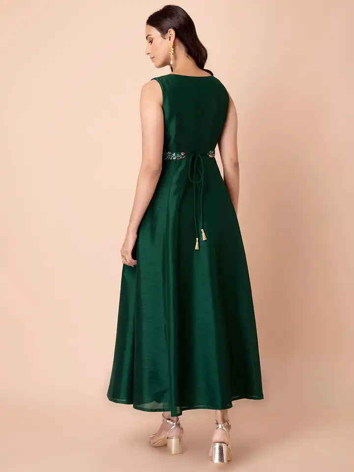 Buy INDYA Green Ethnic Embroidered Double Dupatta Belted Maxi Dress -  Ethnic Dresses for Women 17082626 | Myntra