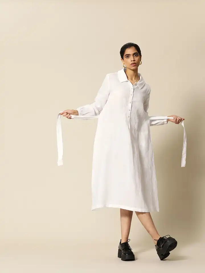 Buy BOWER White Pure Linen Midi Shirt Dress with Belt and Pockets - Dresses  for Women 17165306 | Myntra