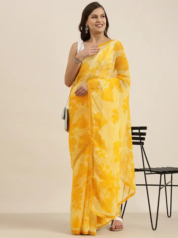 Buy Sangria Yellow Floral Pure Chiffon Saree - Sarees for Women 17198394 |  Myntra
