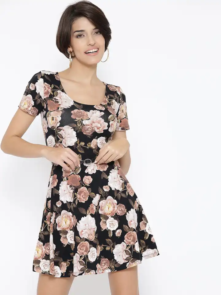 Buy FOREVER 21 Women Black & Peach-Coloured Floral Print Fit & Flare Dress  - Dresses for Women 1762328 | Myntra