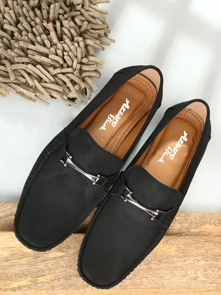 Buy Azzaro Black Men Black Woven Design Suede Loafers  display picture 3