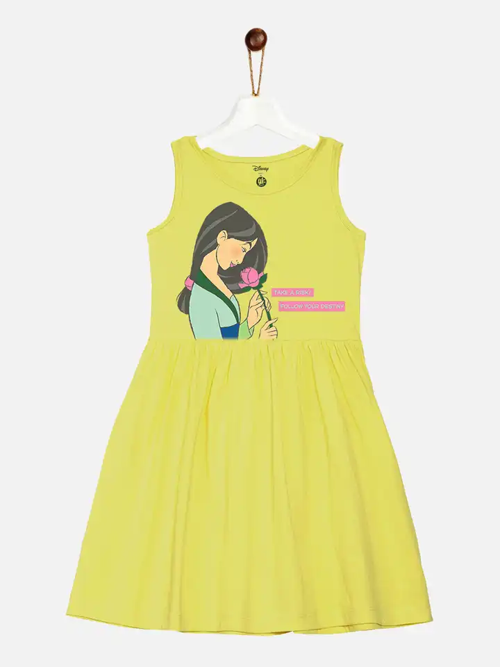 Buy YK Disney Girls Yellow Disney Princess Mulan cotton Fit- flare  Sleeveless Jersey Dress - Dresses for Girls 17751082 | Myntra
