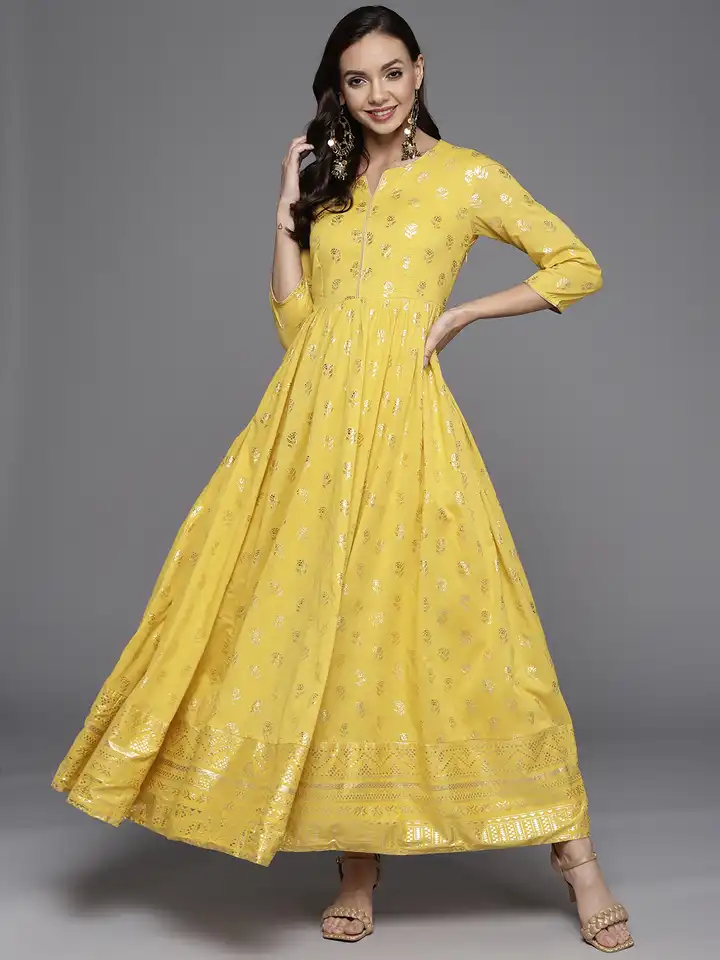 Buy Biba Women Yellow & Gold-Toned Ethnic Motifs Printed A-Line Maxi Dress  - Ethnic Dresses for Women 17952200 | Myntra