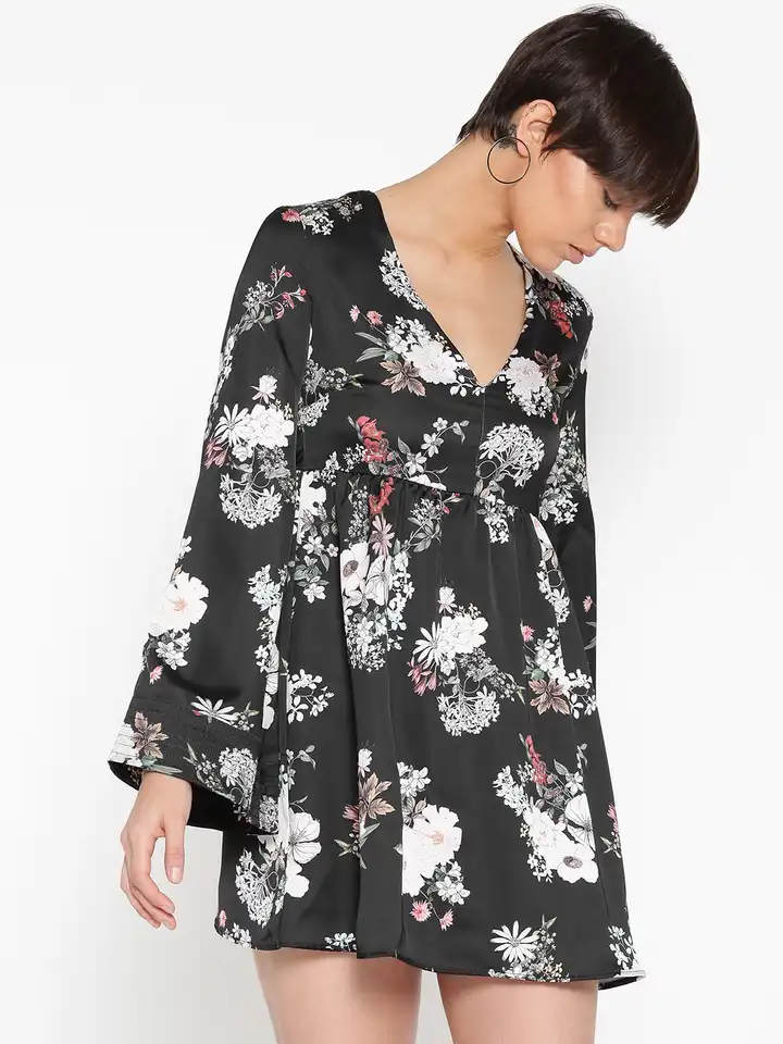 slim fit dress slacks Chic Mock Neck Dramatic Flared Sleeve Mini Dress Mango from Fore main image 0