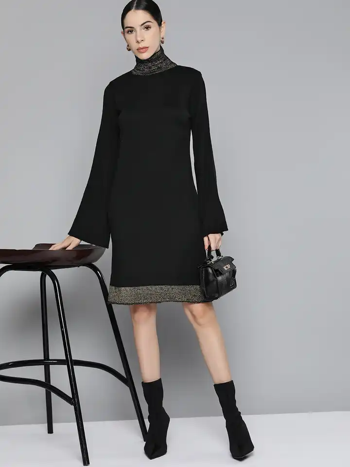 Buy Chemistry Women Black Solid Acrylic High Neck Flared Sleeves Jumper  Dress - Dresses for Women 18231674 | Myntra