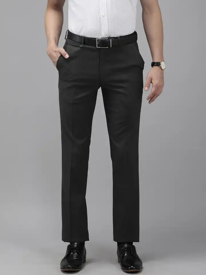 Buy Van Heusen Men Charcoal Black Textured Slim Fit Flat-Front Auto Flex  Formal Trousers - Trousers for Men 18237482 | Myntra