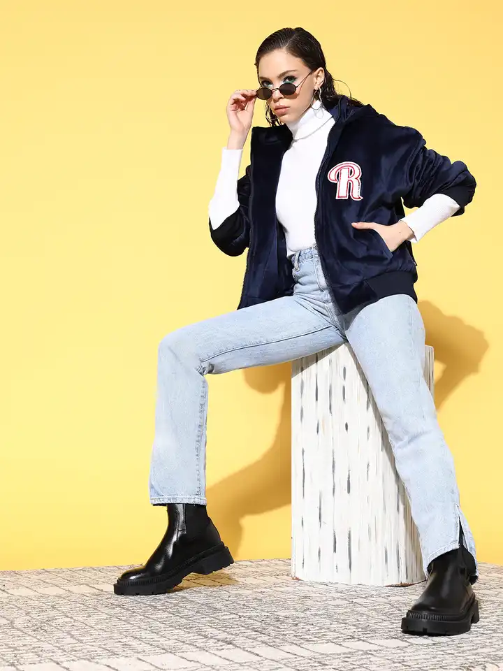 Buy The Roadster Lifestyle Co. Women Navy Blue Bomber Jacket with