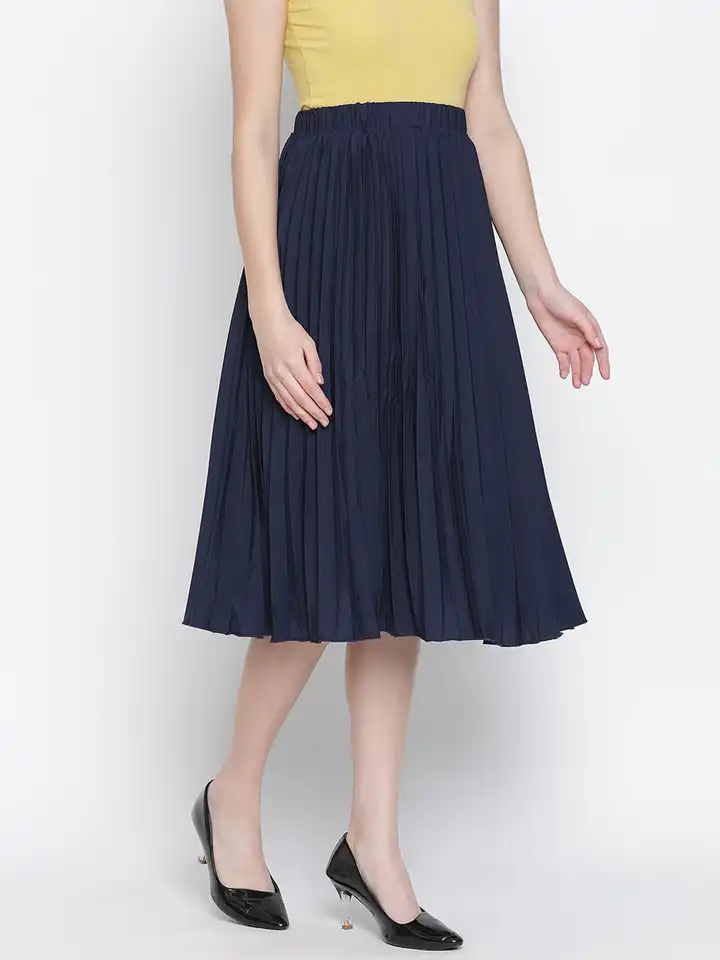 Buy Oxolloxo Women Navy Blue Solid Pleated Flared Midi Skirt