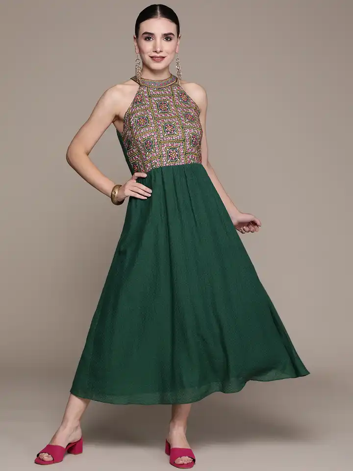 slim fit dress slacks Ritu Kumar green Full Length Gown – Kuro Clothing India main image 0