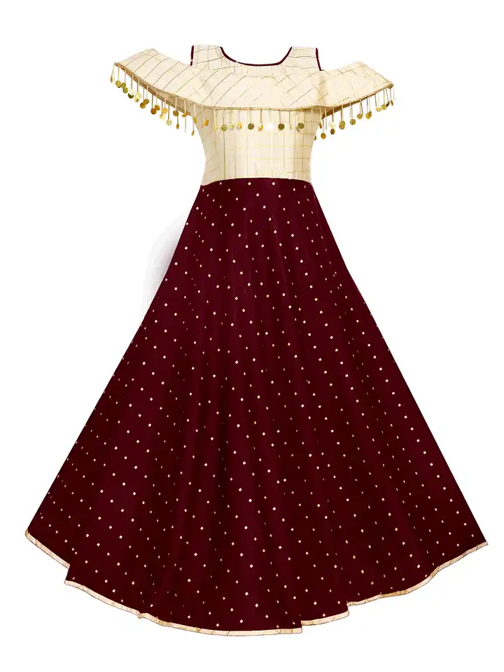 chinese dress ladies Printed Satin Maxi Dress with Train 36 (FR) / White/Burgundy