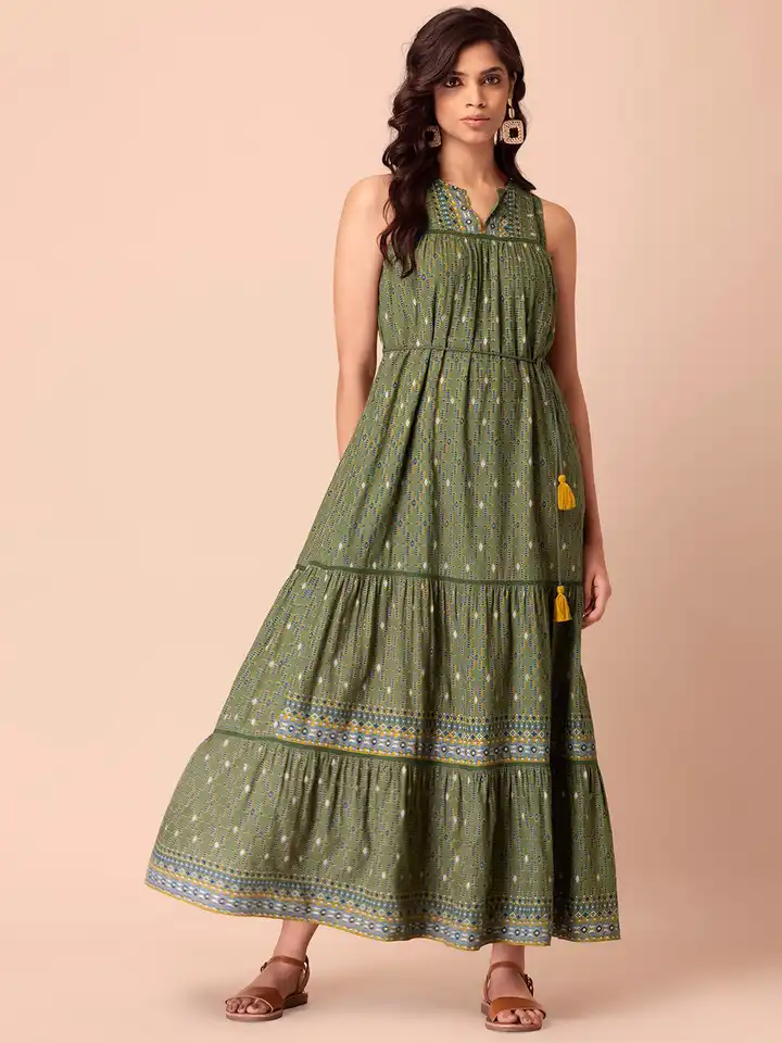 Buy Rang by Indya Green & Blue Ethnic Motifs Ethnic Maxi Dress - Ethnic  Dresses for Women 19368924 | Myntra