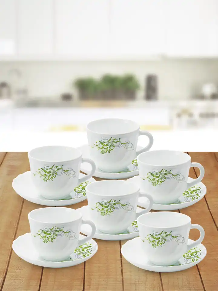 Buy Larah by BOROSIL Erba White & Green Set of 6 Printed Opalware