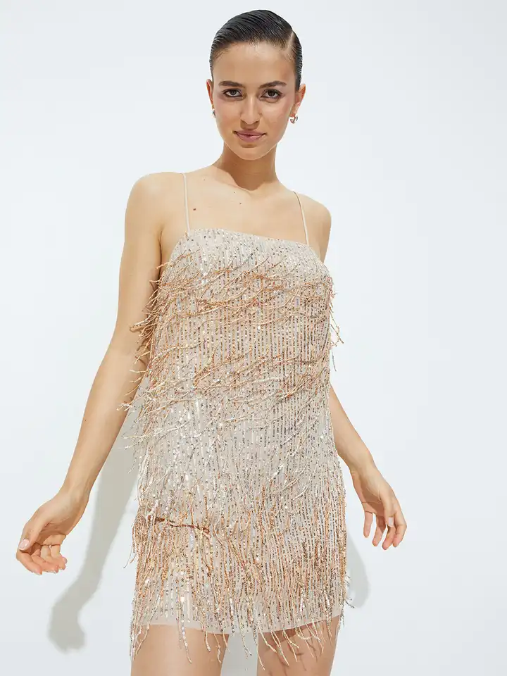 strapless open back dress H&M, lined rose gold sequin party dress, GUC, size 10, L: 70cm –  DaisyChainClothing main image 0