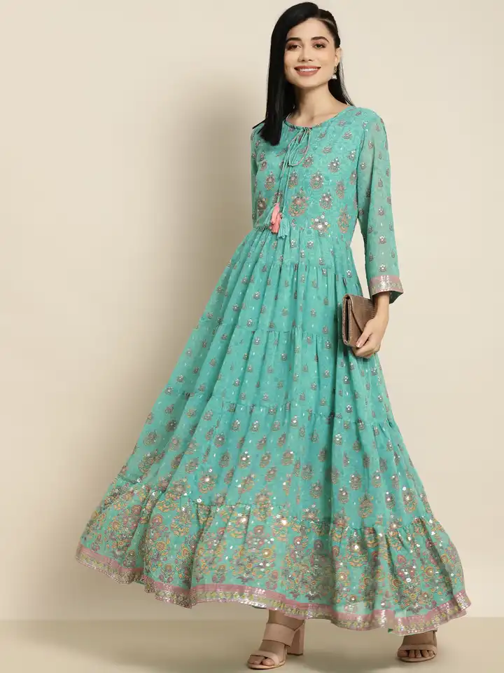 Buy Juniper Mint Green Floral Georgette Tiered Maxi Ethnic Dress - Ethnic  Dresses for Women 19780018 | Myntra