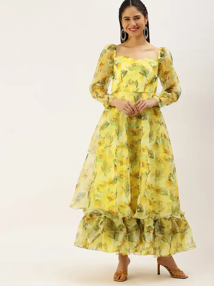 Buy Ethnovog Yellow Green Floral Print Layered Ethnic Organza Maxi Dress -  Ethnic Dresses for Women 19865214 | Myntra