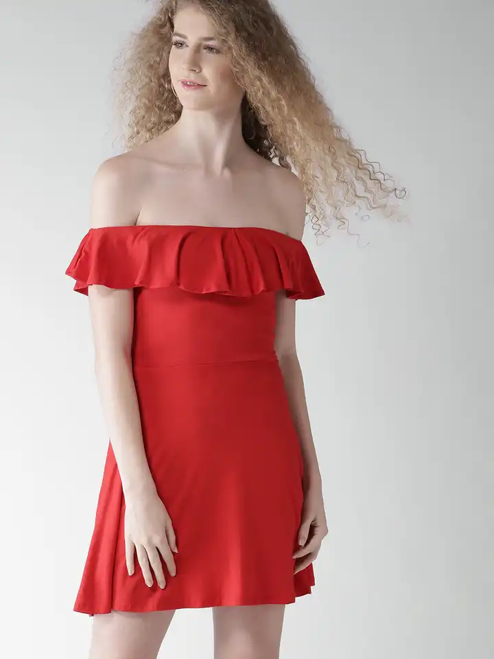 Buy FOREVER 21 Women Red Off-Shoulder Fit and Flare Dress - Dresses for  Women 1991371 | Myntra