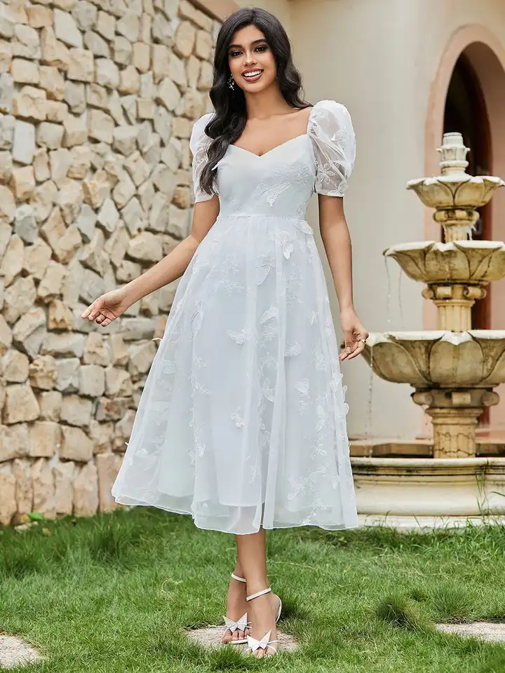 mid calf dresses with short sleeves QUYUON Casual Midi Dresses for Women Short Sleeve Round Neck Wedding Guest  Mid-Length Dress Summer Beach Sundress Solid Color Ruffle Tiered Pleated  A-Line Dress Style D-4760 Navy L