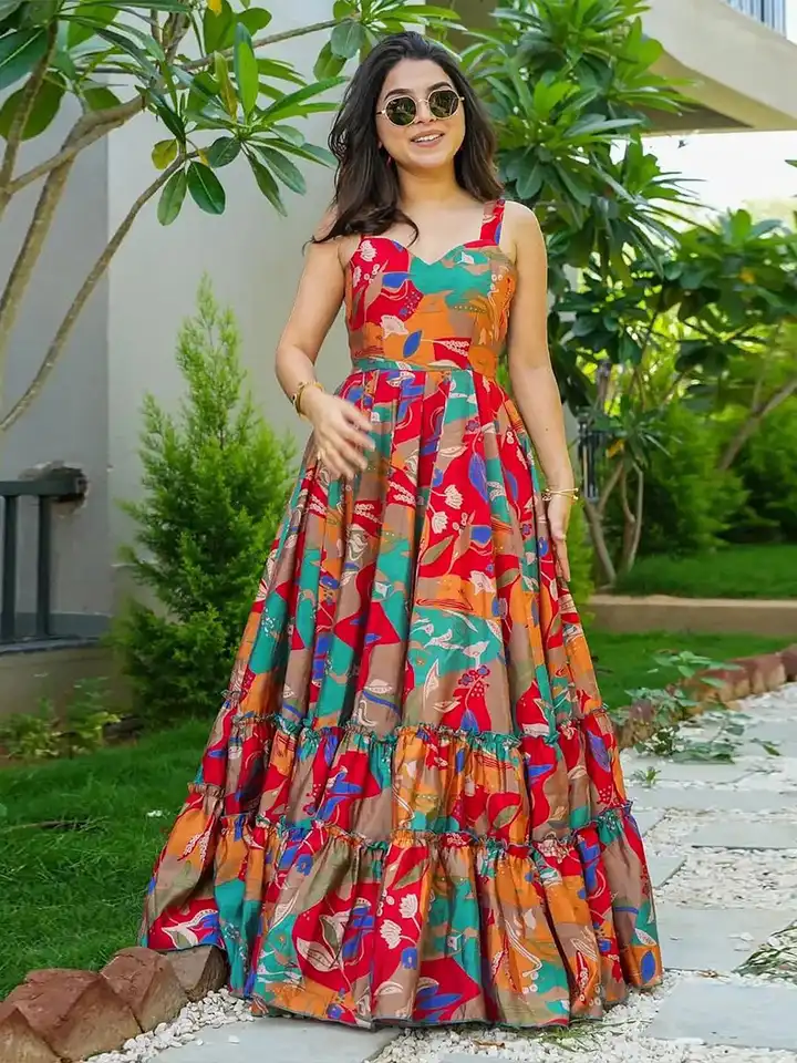 chinese dress ladies Women Long Flare Dress with Dupatta Drape