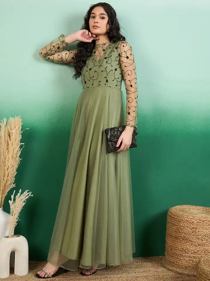 green emerald velvet dress STREET 9 Green Embellished Net Maxi Dress – Myntra International