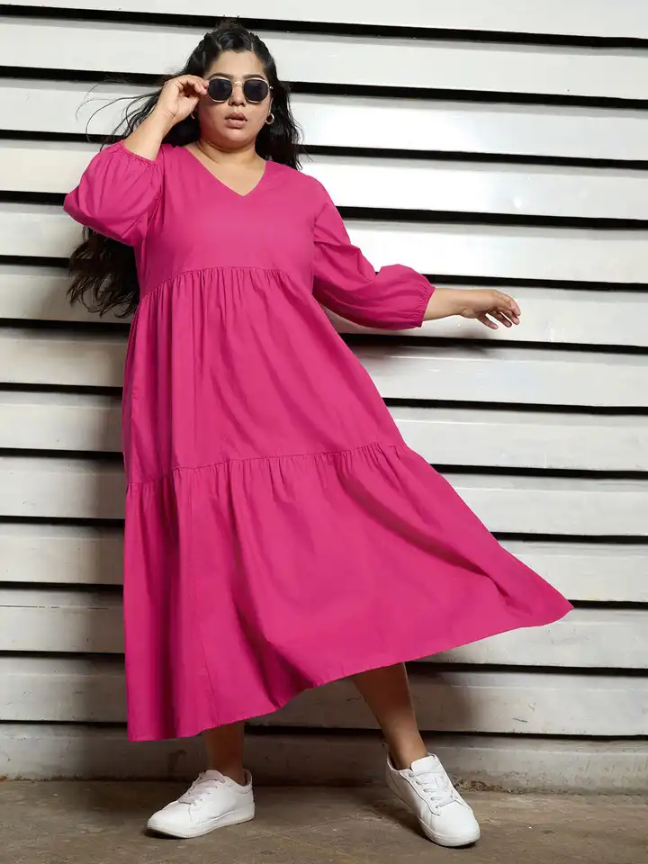 Buy Freeform by High Star Plus Size Puff Sleeve Tiered Pure Cotton Maxi  Dress - Dresses for Women 30505714 | Myntra