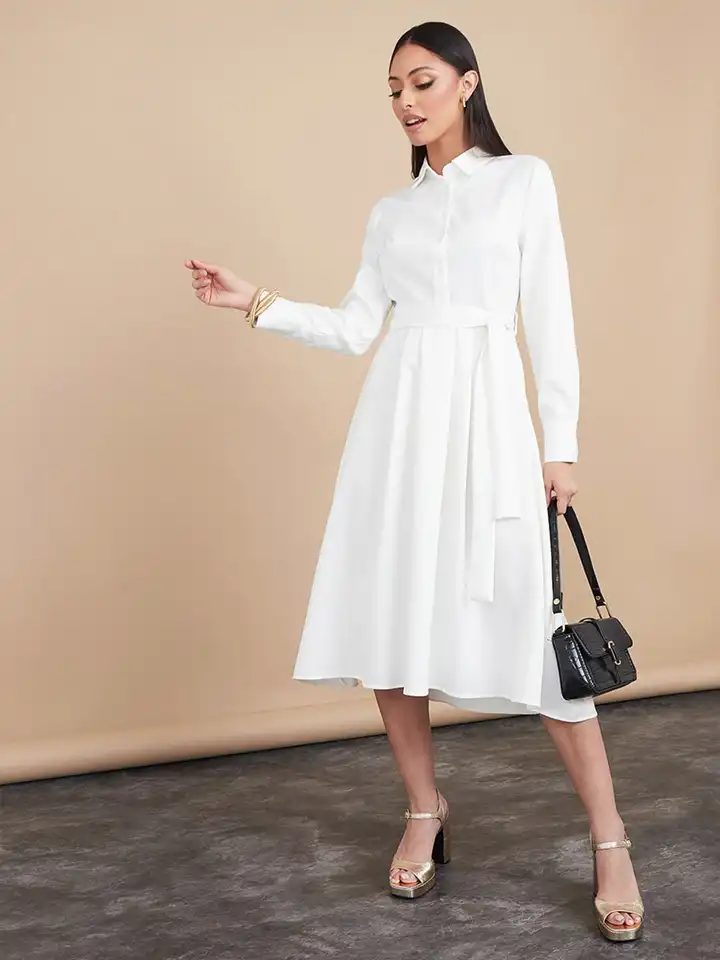 Buy Styli Women Self Belt Tie Solid Button-Up A-Line Midi Dress - Dresses  for Women 30306945 | Myntra