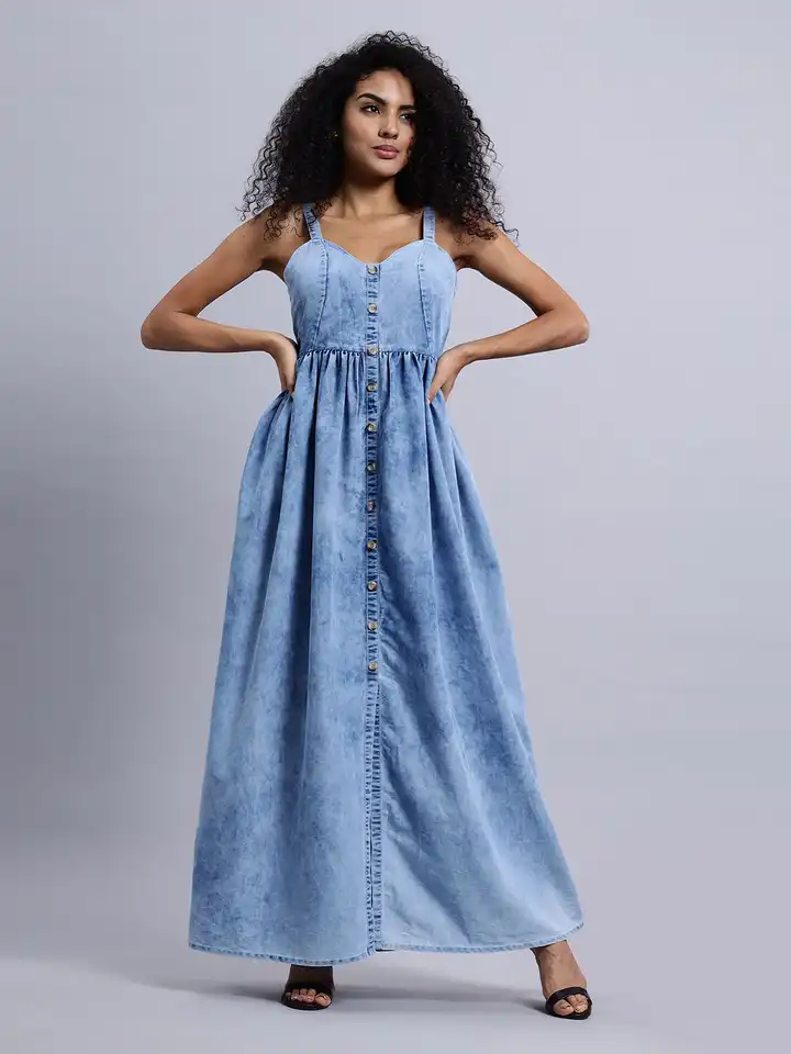 fitted lace wedding dress Buy Puella Women’s Denim Maxi Dress | Sleeveless Spaghetti Strap  Button-Down Long Dress with Front Slit main image 0
