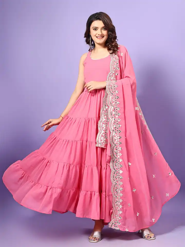 knee length dresses for ladies Ahalyaa Women Printed Layered Maxi Ethnic Dress