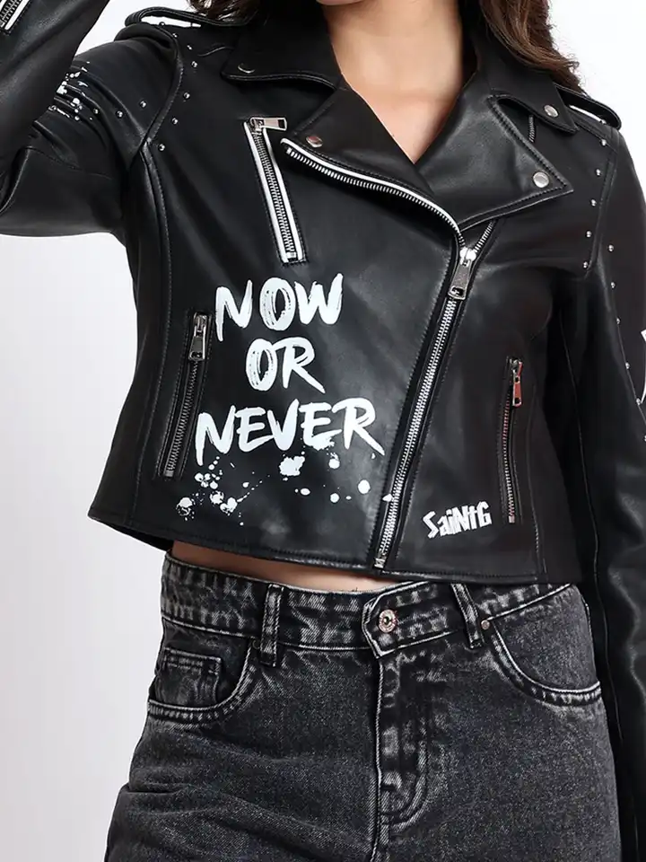 Buy Saint G Women Lapel Collar Typography Printed Leather Casual