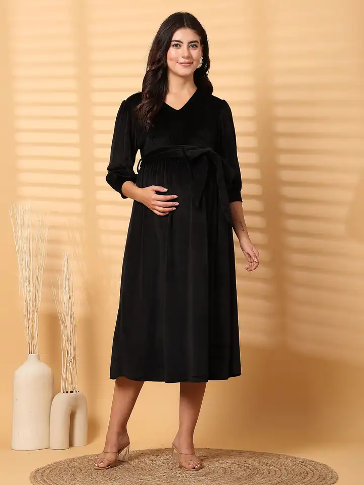 blue dress for baby girl Velvet Puff Sleeve Maternity Dress W/Ruched Sides Black / Small main image 0
