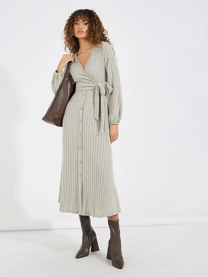 chinese dress ladies Hunter Green Ribbed Knit V-Neck Wrap Midi Dress Large main image 1