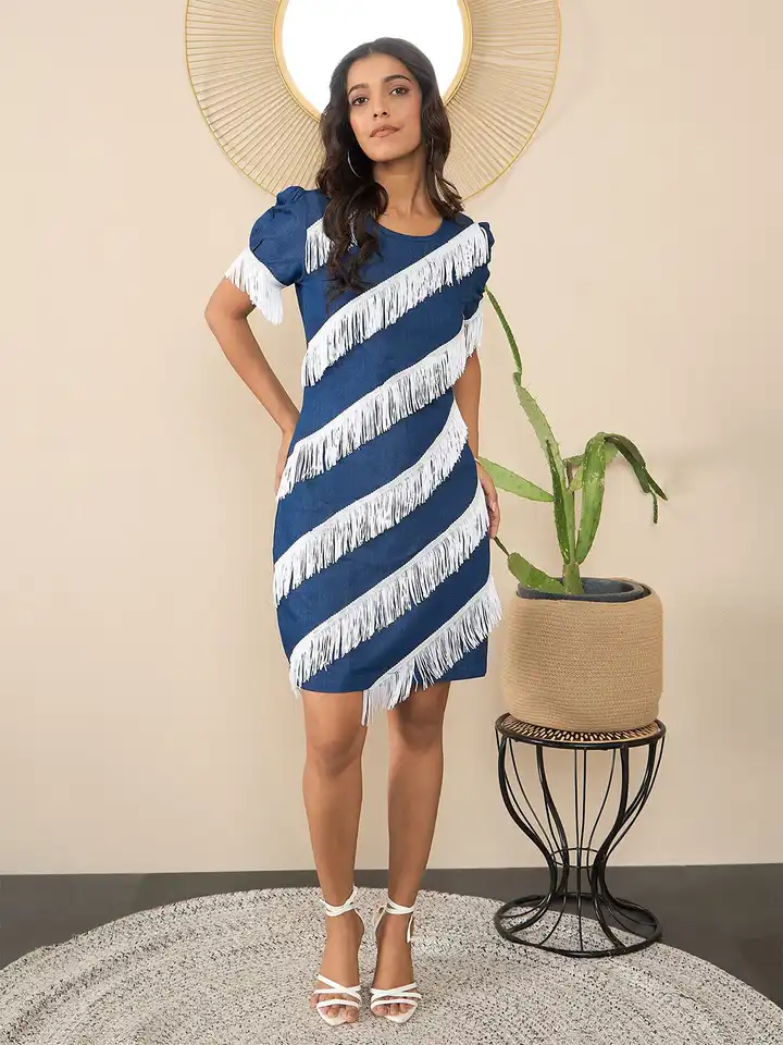 slim fit dress slacks Joseph Ribkoff Denim Fit And Flare Midi Dress With Belt-262901 – Unique  Apparel USA main image 0