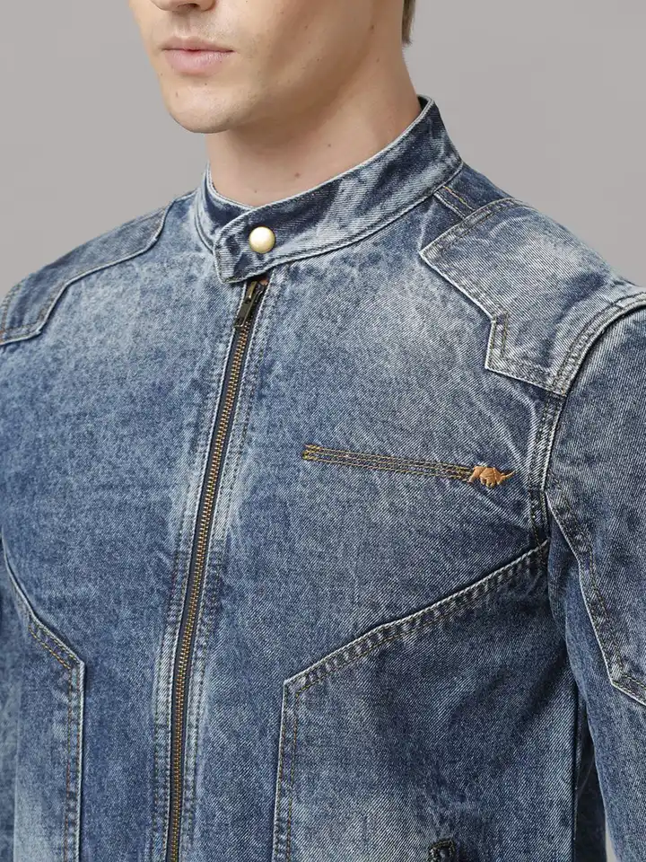 Buy TEMPLE OF DENIM Men Mandarin Collar Asymmetric Closure Biker