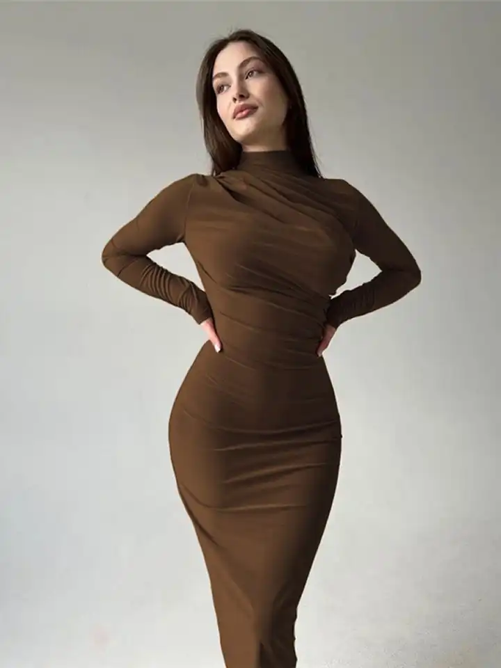 chinese dress ladies Falling For You Long Sleeve Ruched Bodycon Dress Brown– Selfie Leslie main image 0