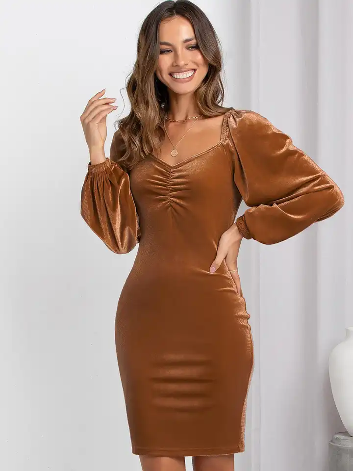 Buy StyleCast Brown Sweetheart Neck Puff Sleeves Ruched Bodycon Dress -  Dresses for Women 24866290