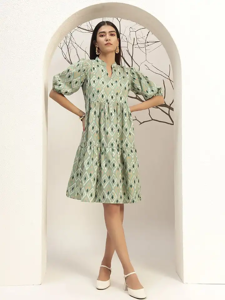 Buy Bani Women Green Color Printed Fit & Flare Casual Knee Length Dress -  Dresses for Women 33855520