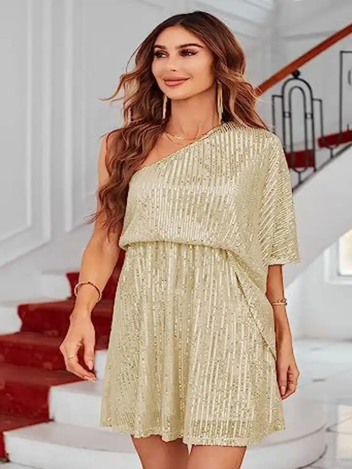 Buy bebe Women Embellished One Shoulder Flared Sleeves Sequined A-Line Mini  Dress - Dresses for Women 36185340 | Myntra
