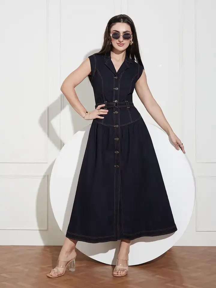 Buy Miss Chase Notched-Collar Sleeveless Solid Drop Waist Maxi-Length Denim Shirt  Dress - Dresses for Women 36404819 | Myntra