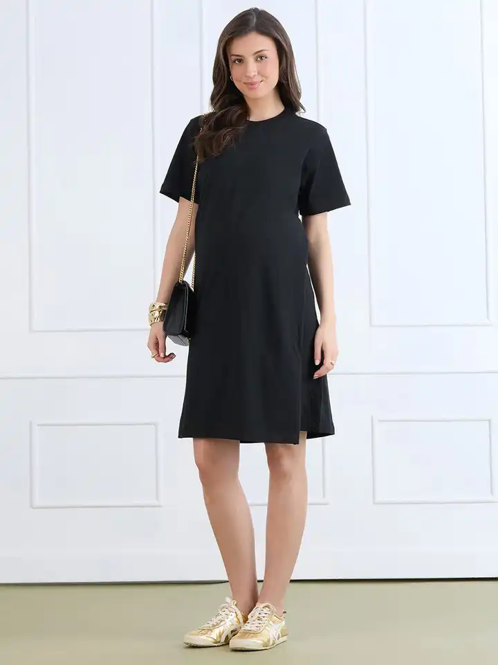 MomToBe Cotton Blend Knit Half Sleeves Solid Maternity Dress With Front Open Nursing Access - Ink Black - Girls