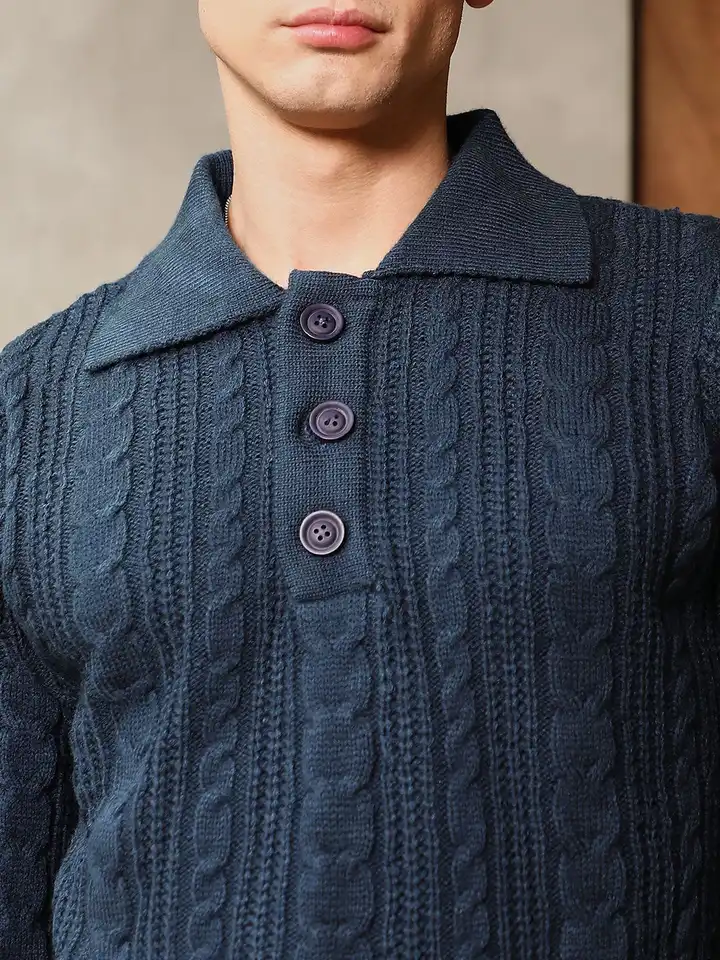 Buy Campus Sutra Men Self Design Shirt Collar Sweater - Sweaters