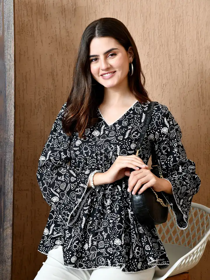 Buy Anouk Rustic Women Printed Flared Sleeves Pure Cotton Peplum